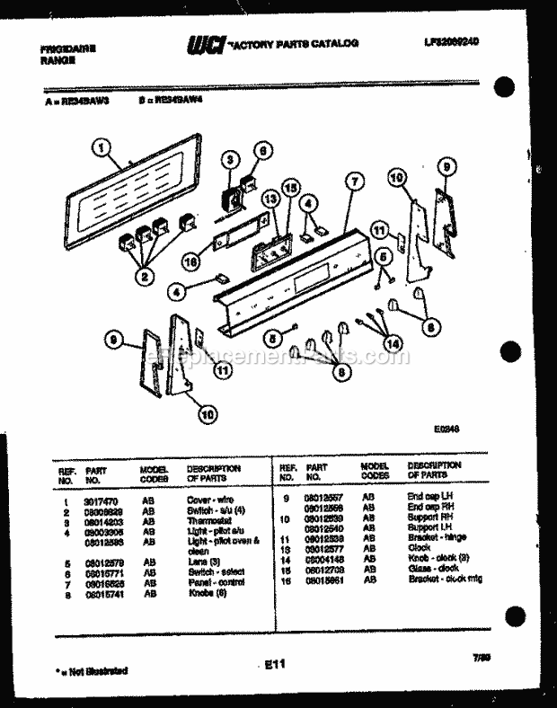 Frigidaire RE34BAW3 Freestanding, Electric Range Electric Control Panel Diagram