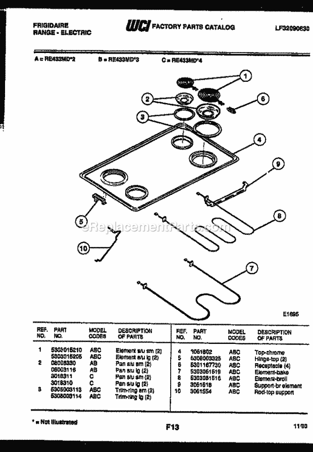 Frigidaire RE433MDB3 Slide-In, Electric Range Electric Cooktop and Broiler Parts Diagram
