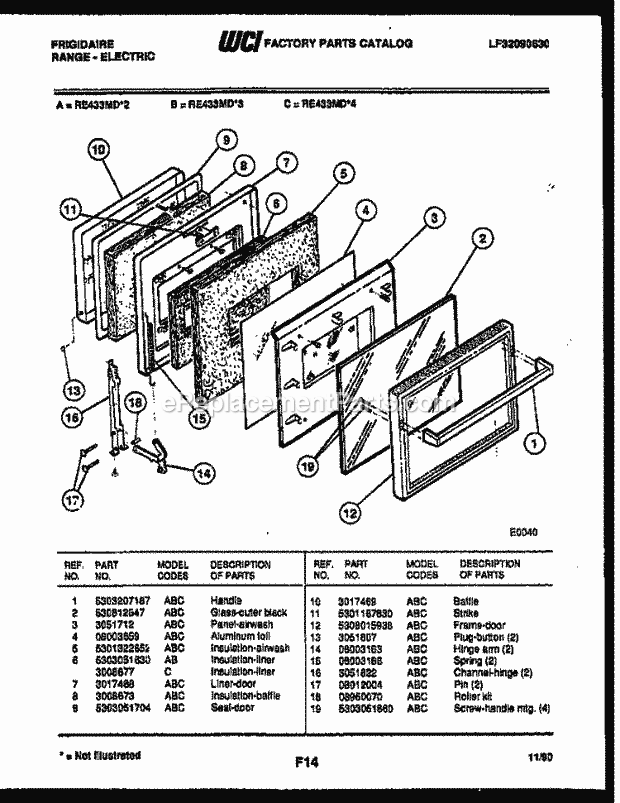 Frigidaire RE433MDB3 Slide-In, Electric Range Electric Door Parts Diagram