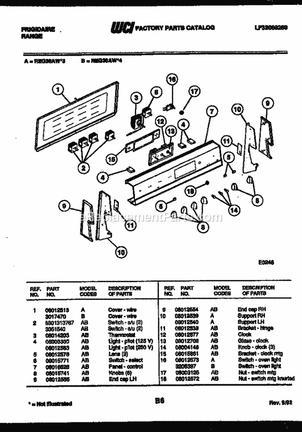 Frigidaire REG36AA4 Frg(V9) / Electric Range Control Panel Diagram