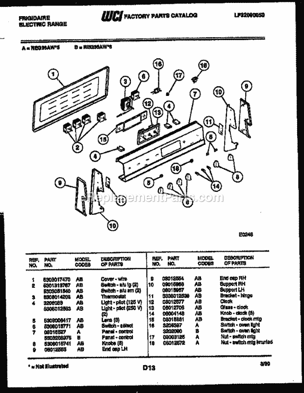 Frigidaire REG36AL6 Freestanding, Electric Range Electric Control Panel Diagram