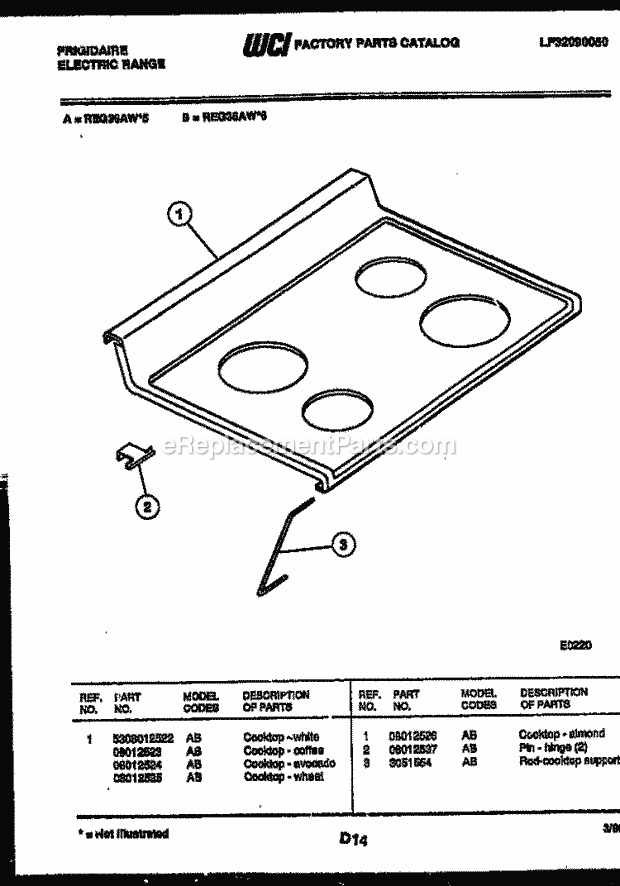 Frigidaire REG36AL6 Freestanding, Electric Range Electric Cooktop Parts Diagram