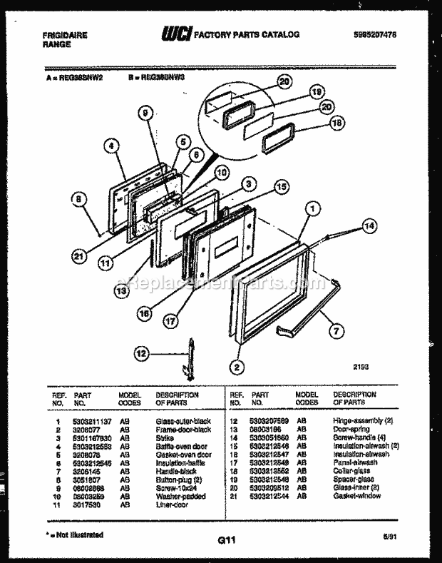 Frigidaire REG38BNW2 Freestanding, Electric Range Electric Door Parts Diagram