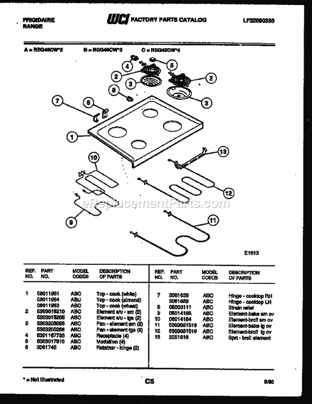 Frigidaire REG46CW3 Slide-In, Electric Range Electric Cooktop and Broiler Parts Diagram