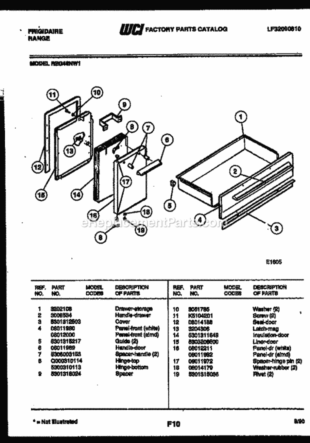 Frigidaire REG46NL1 Slide-In, Electric Range Electric Door and Drawer Parts Diagram