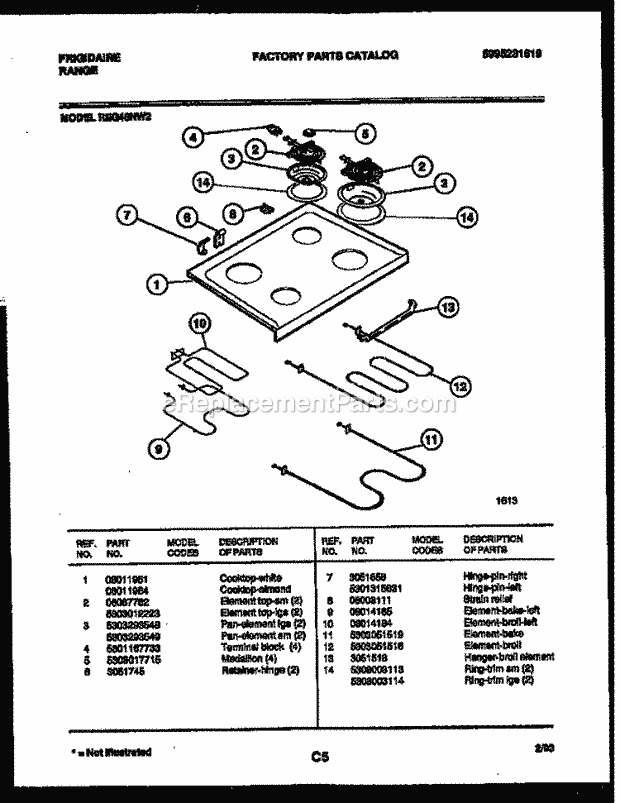 Frigidaire REG46NW2 Slide-In, Electric Range Electric Cooktop and Broiler Parts Diagram