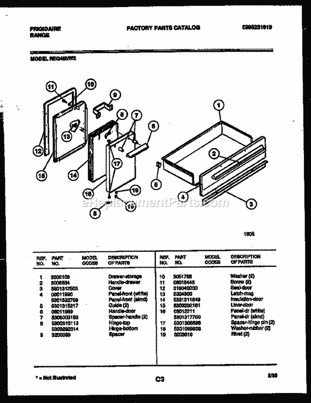Frigidaire REG46NW2 Slide-In, Electric Range Electric Door and Drawer Parts Diagram