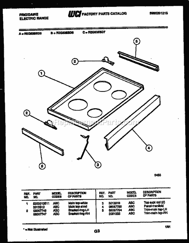 Frigidaire REG638BDL5 Slide-In, Electric Range Electric Cooktop Parts Diagram