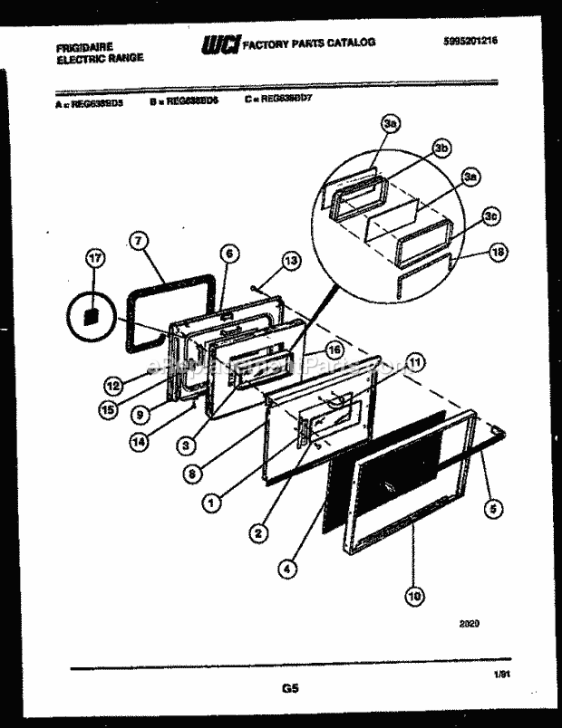 Frigidaire REG638BDL5 Slide-In, Electric Range Electric Lower Oven Door Parts Diagram