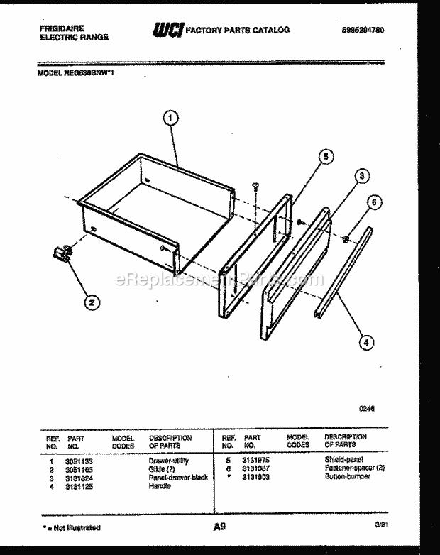 Frigidaire REG638BNL1 Slide-In, Electric Range Electric Drawer Parts Diagram