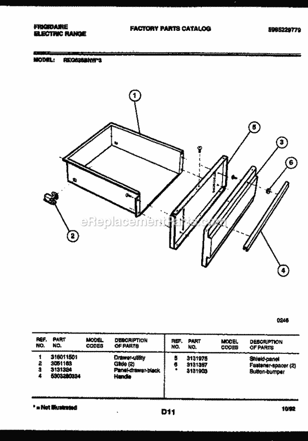 Frigidaire REG638BNL3 Slide-In, Electric Range Electric Drawer Parts Diagram