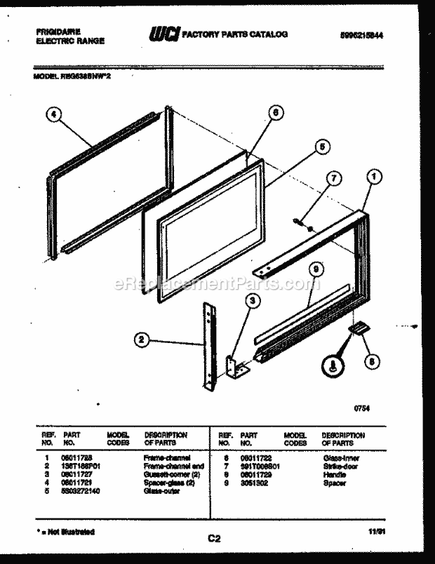 Frigidaire REG638BNW2 Slide-In, Electric Range Electric Upper Oven Door Parts Diagram