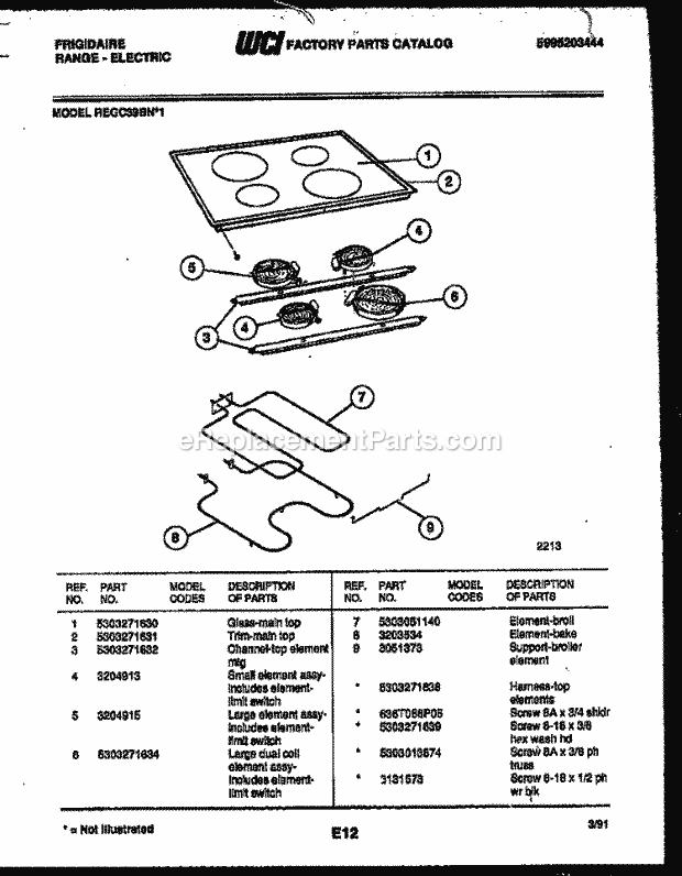 Frigidaire REGC39BNW1 Freestanding, Electric Range Electric Cooktop and Broiler Parts Diagram