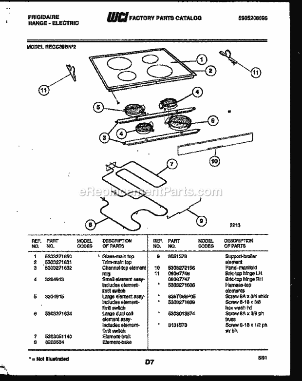 Frigidaire REGC39BNW2 Freestanding, Electric Range Electric Cooktop and Broiler Parts Diagram