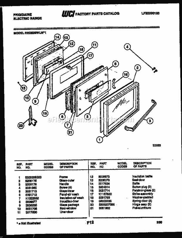 Frigidaire REGS39WLW1 Slide-In, Electric Range Electric Door Parts Diagram
