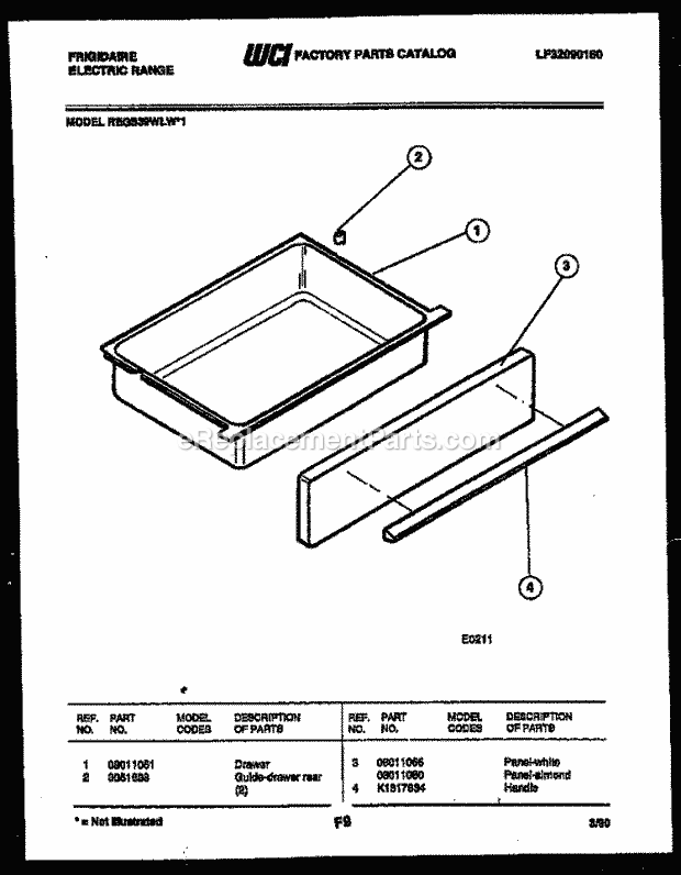 Frigidaire REGS39WLW1 Slide-In, Electric Range Electric Drawer Parts Diagram
