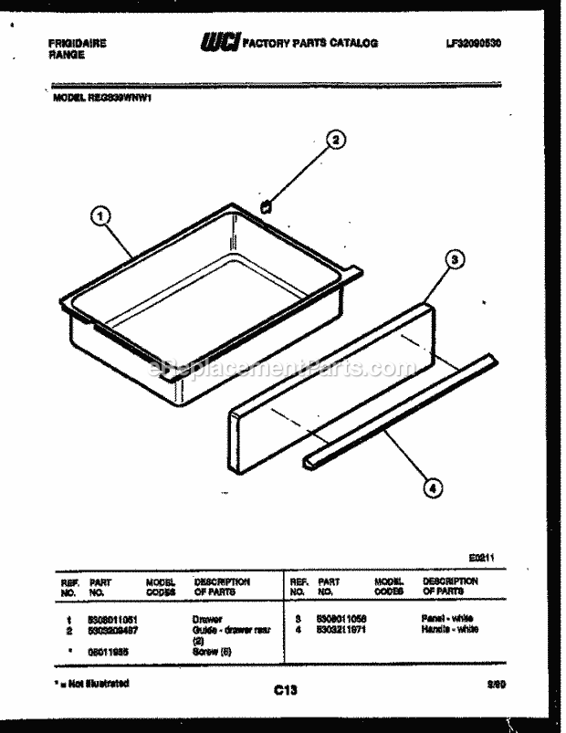 Frigidaire REGS39WNW1 Slide-In, Electric Range Electric Drawer Parts Diagram