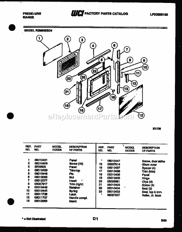 Frigidaire REM638BDL4 Range Microwave Combo, Electric Range Electric Upper Oven Door Parts Diagram