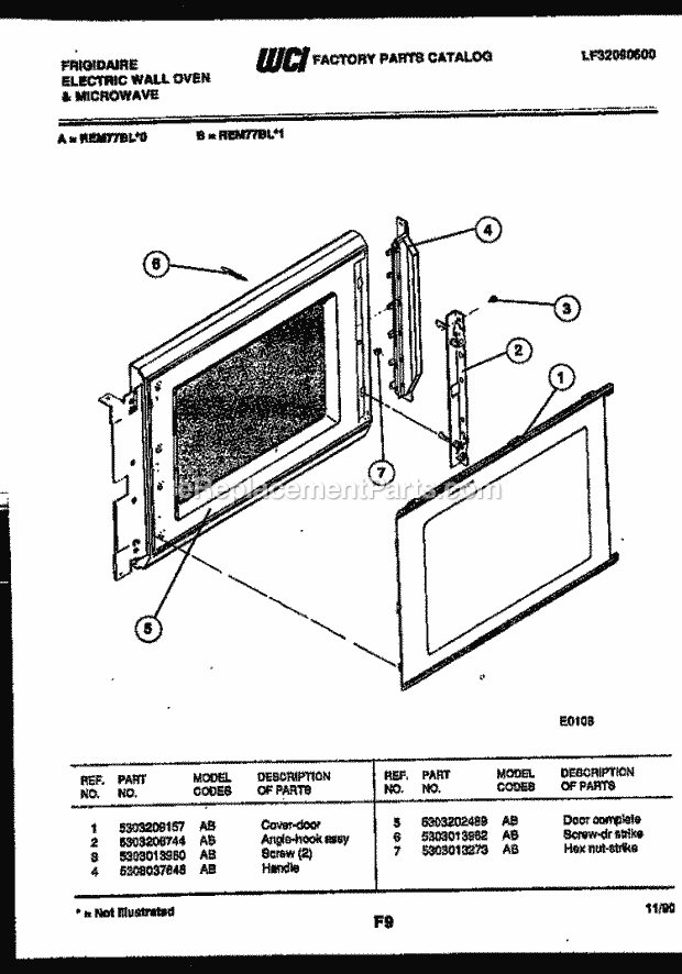 Frigidaire REM77BLB1 Wall Oven Microwave Combo, Electric Wall Oven & Microwave Electric Upper Oven Door Parts Diagram