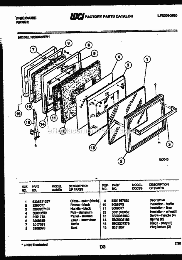 Frigidaire RES34BNL1 Slide-In, Electric Range Electric Door Parts Diagram