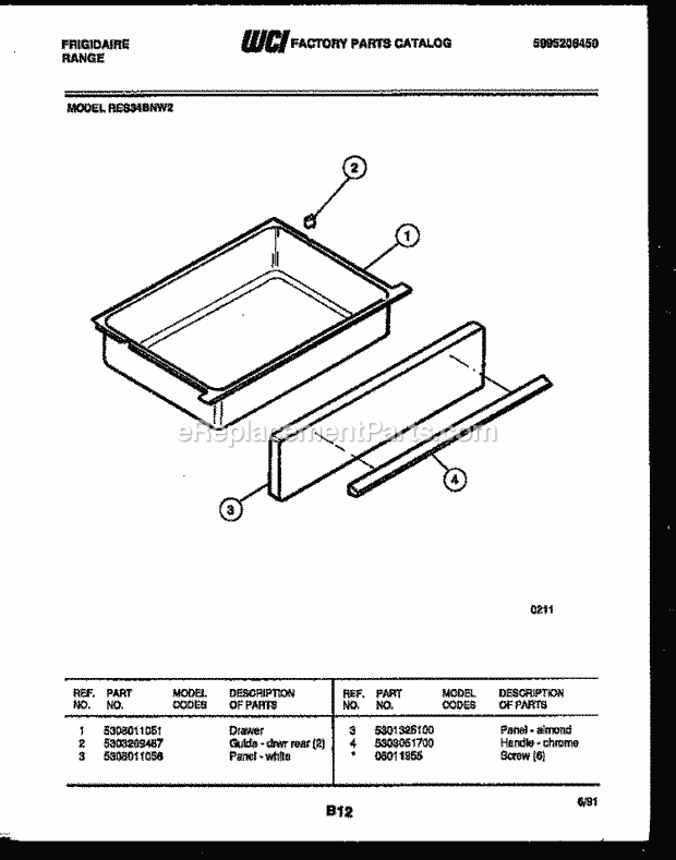 Frigidaire RES34BNW2 Slide-In, Electric Range Electric Drawer Parts Diagram