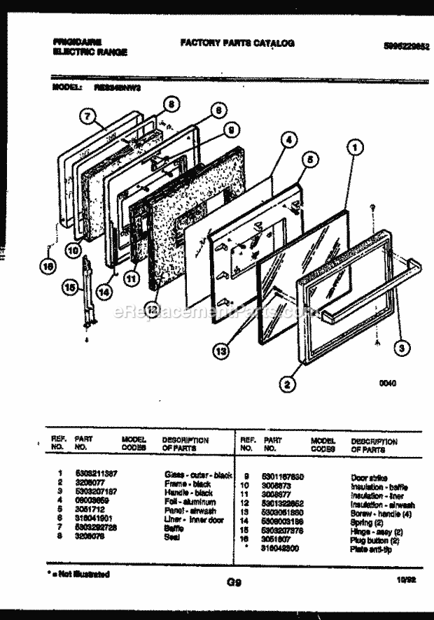 Frigidaire RES34BNW3 Slide-In, Electric Range Electric Door Parts Diagram