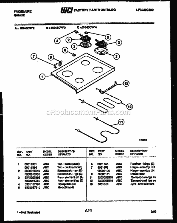Frigidaire RG45CL4 Freestanding, Electric Range Electric Cooktop and Broiler Parts Diagram