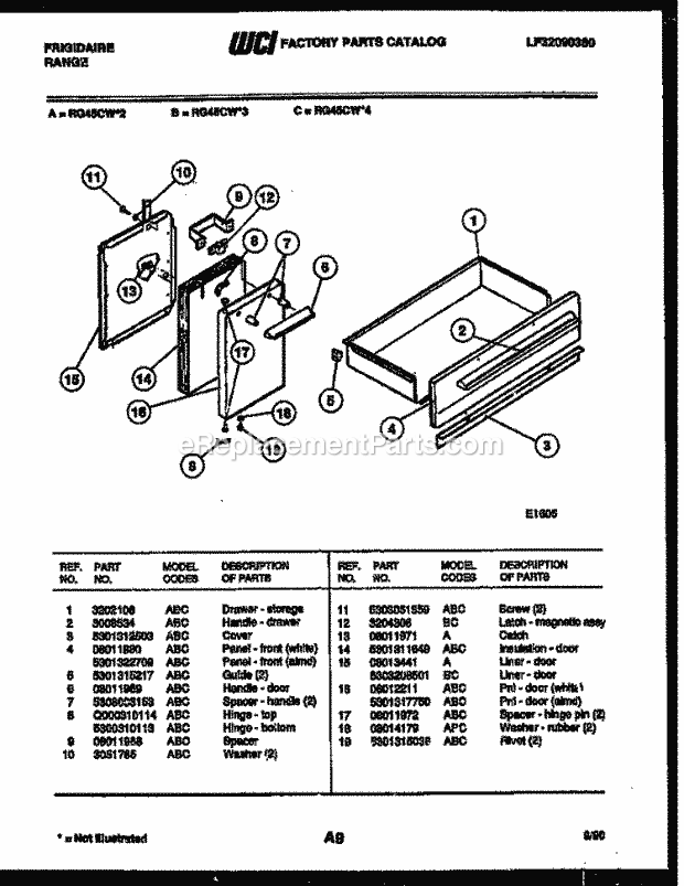 Frigidaire RG45CW4 Freestanding, Electric Range Electric Door and Drawer Parts Diagram