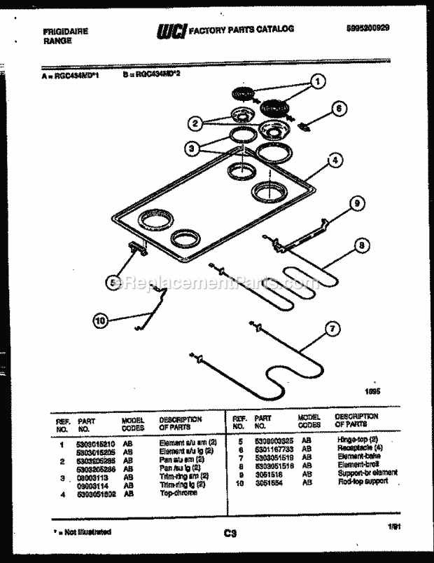Frigidaire RGC434MDW1 Slide-In, Electric Range Electric Cooktop and Broiler Parts Diagram