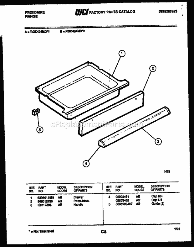 Frigidaire RGC434MDW1 Slide-In, Electric Range Electric Drawer Parts Diagram