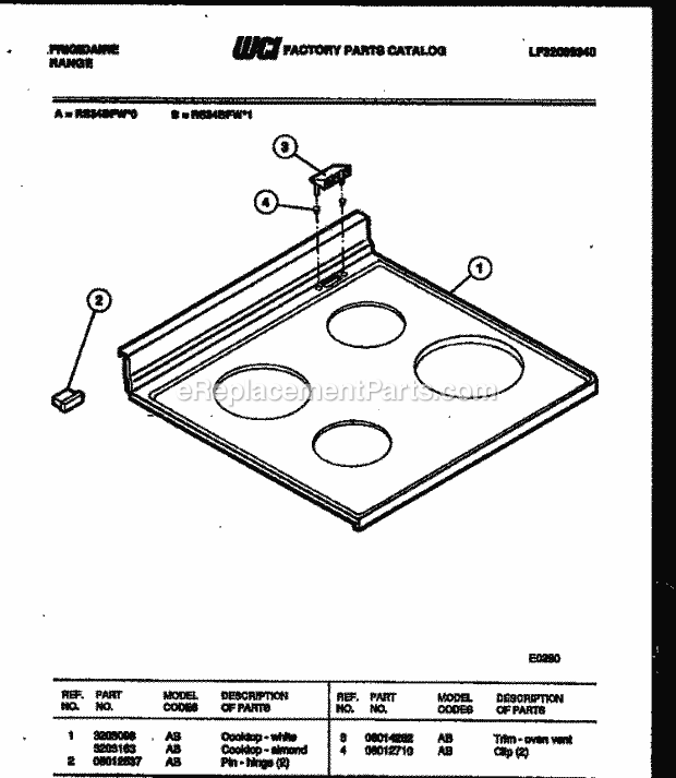 Frigidaire RS34BFL0 Freestanding, Electric Range Electric Cooktop Parts Diagram