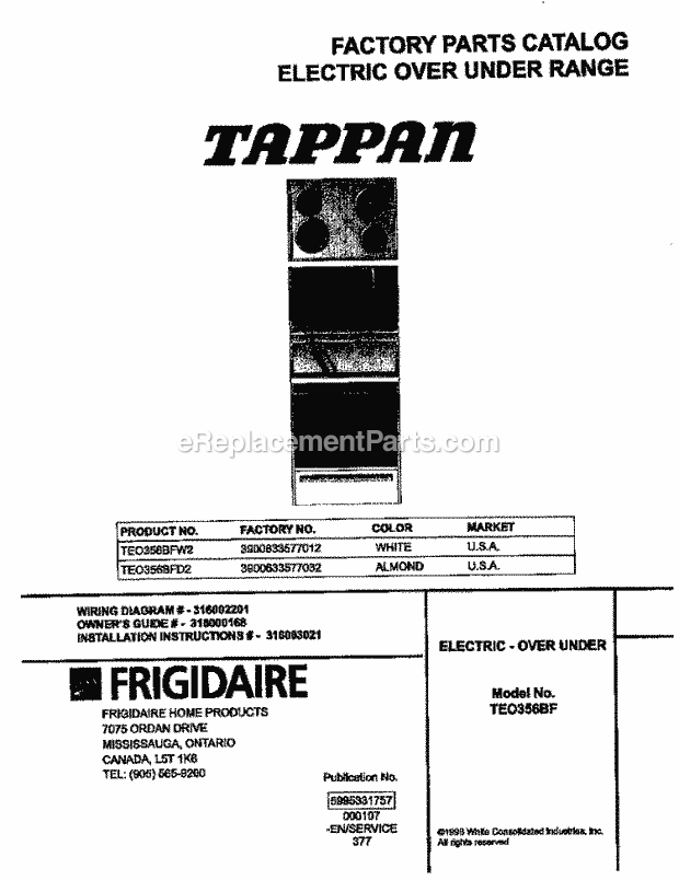 Frigidaire TEO356BFD2 Tap(V1) / Electric Range Page B Diagram