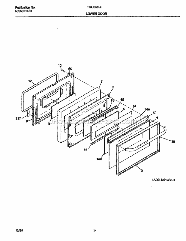 Frigidaire TGO356BFD3 Slide-In, Gas Tappan/Gas Range Lower Door Diagram