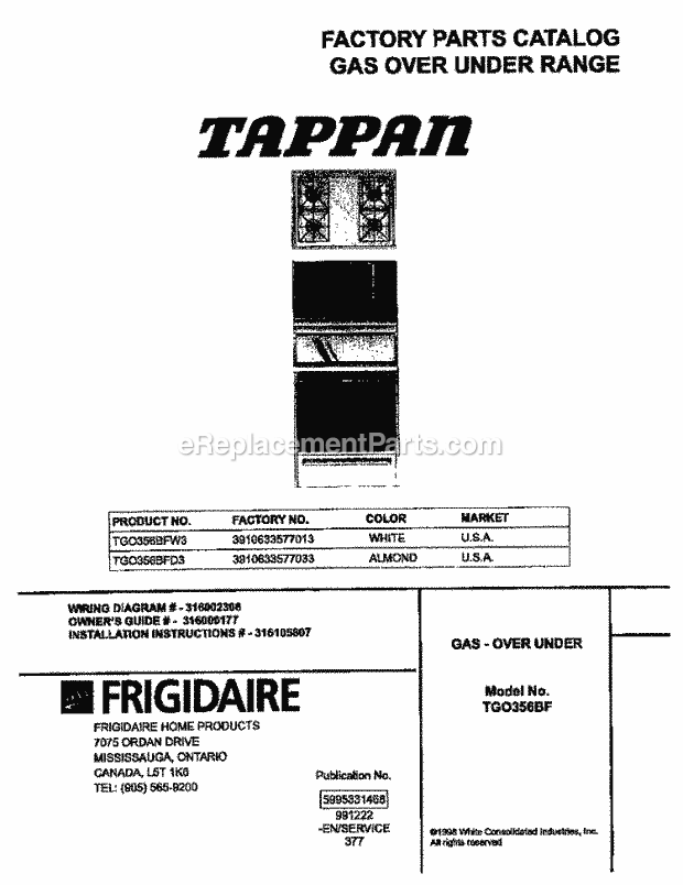 Frigidaire TGO356BFW3 Slide-In, Gas Tappan/Gas Range Page C Diagram