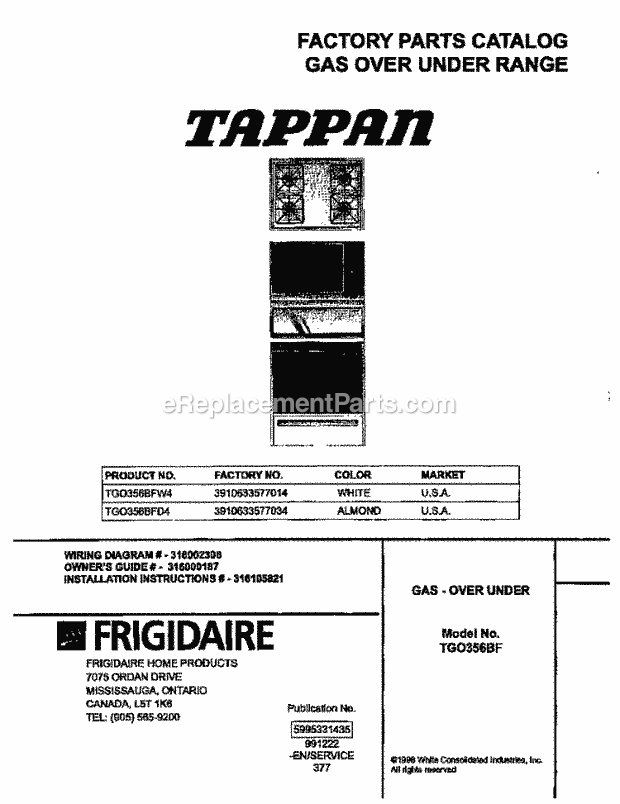 Frigidaire TGO356BFW4 Slide-In, Gas Tappan/Gas Range Page C Diagram