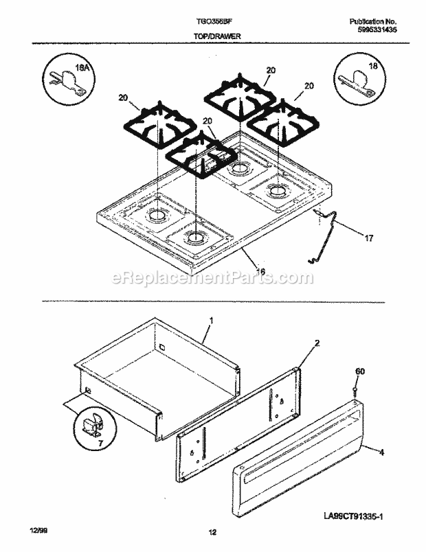 Frigidaire TGO356BFW4 Slide-In, Gas Tappan/Gas Range Top / Drawer Diagram