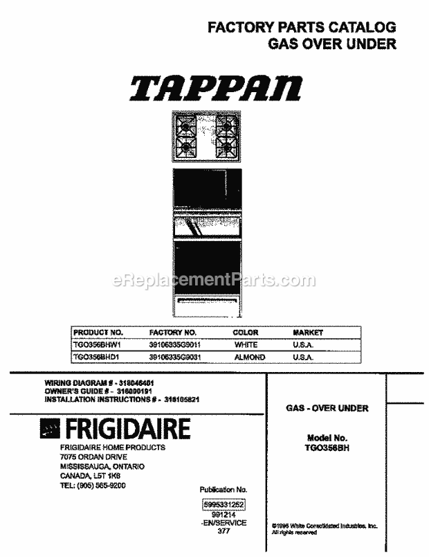 Frigidaire TGO356BHD1 Slide-In, Gas Tappan/Gas Range Page B Diagram