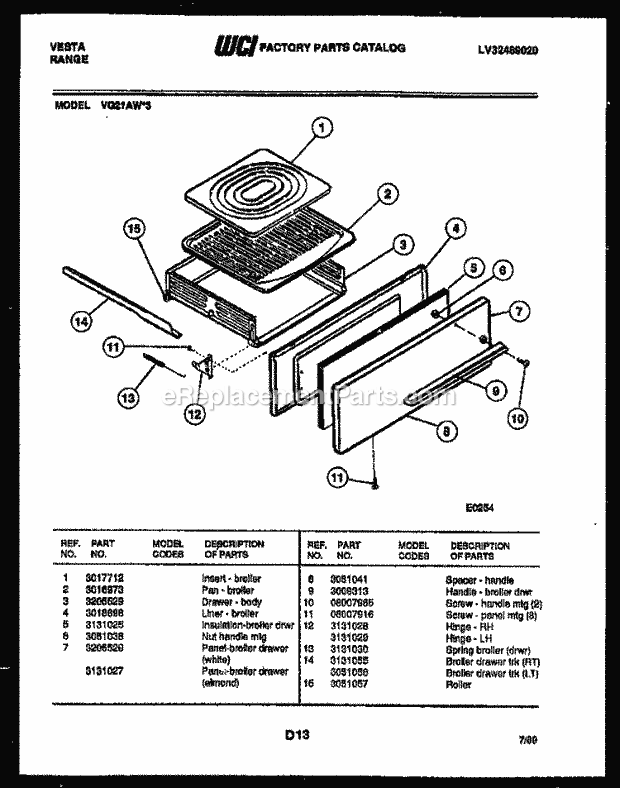 Frigidaire VG21AW3-23 Gas Range Broiler Drawer Parts Diagram