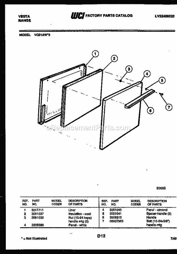 Frigidaire VG21AW3-23 Gas Range Door Parts Diagram