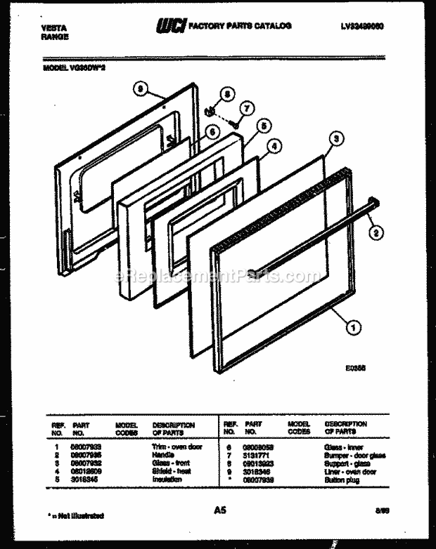 Frigidaire VG36DW2-23 Gas Range Door Parts Diagram