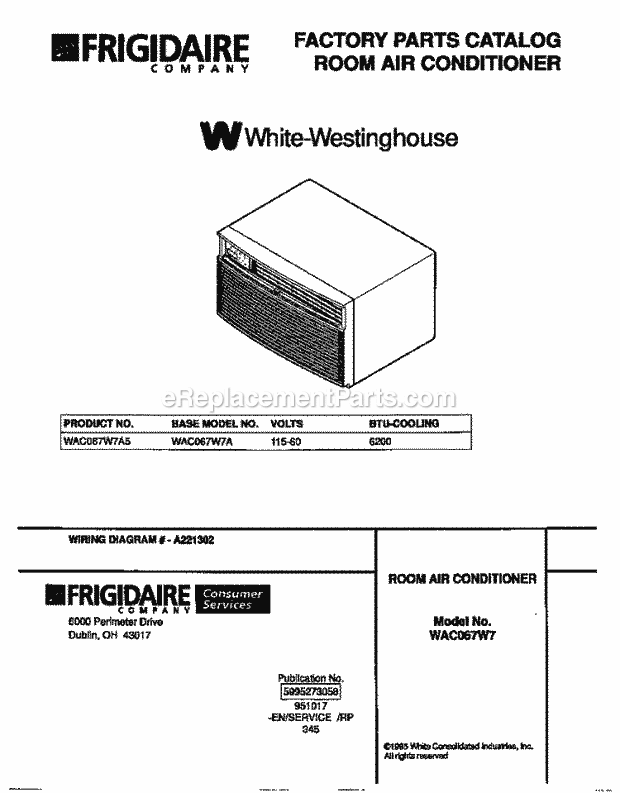 Frigidaire WAC067W7A5 Wwh(V0) / Room Air Conditioner Page E Diagram