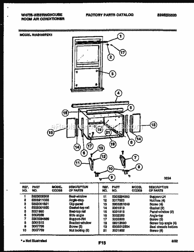 Frigidaire WAS189P2K1 Wwh(V1) / Room Air Conditioner Cabinet and Installation Parts Diagram