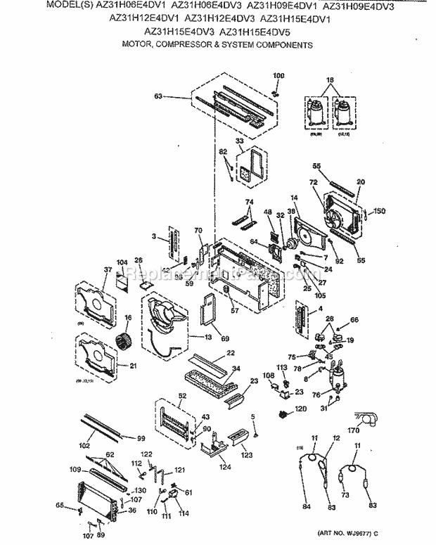 GE AZ31H12E4DV1 Room Air Conditioner Motor, Compressor & System Components Diagram