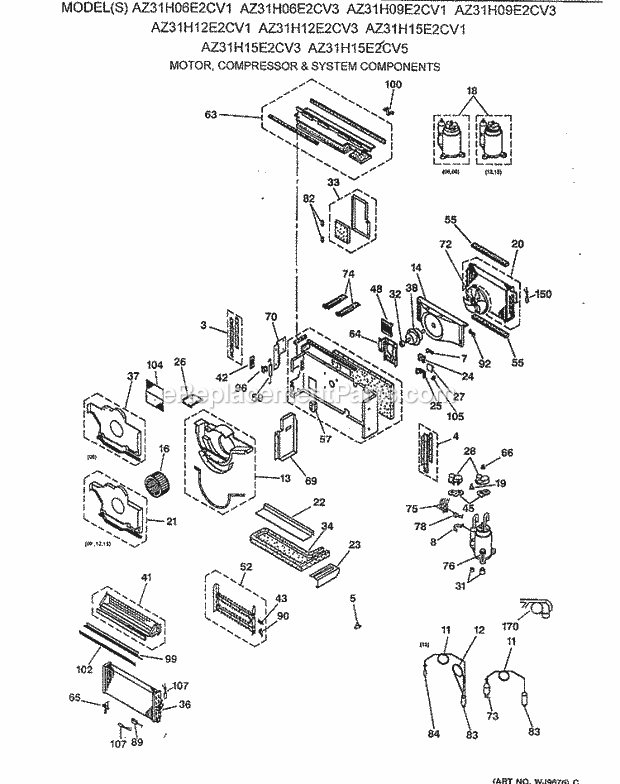 GE AZ31H15E2CV3 Room Air Conditioner Motor, Compressor & System Components Diagram