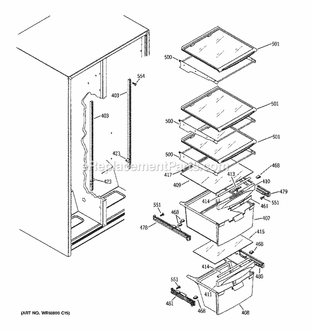 GE BSS25GFPHWW Refrigerator Fresh Food Shelves Diagram