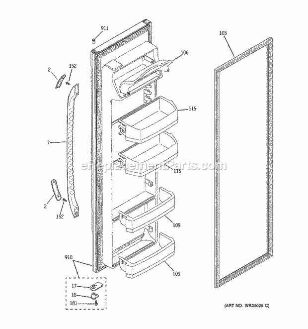 GE BSS25JFTCWW Refrigerator T Series Fresh Food Door Diagram