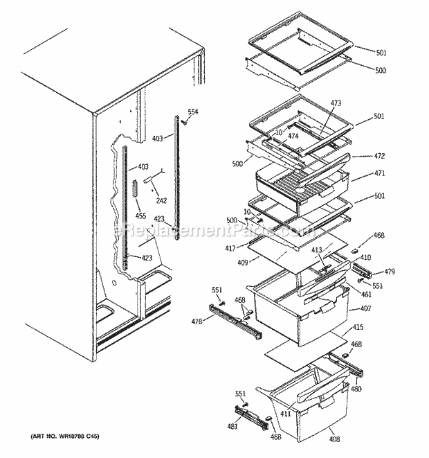 GE BSS25JFTCWW Refrigerator T Series Fresh Food Shelves Diagram