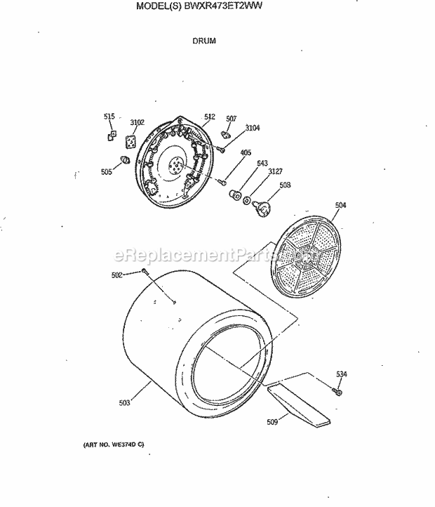 GE BWXR473ET2WW Electric Dryer Drum Diagram