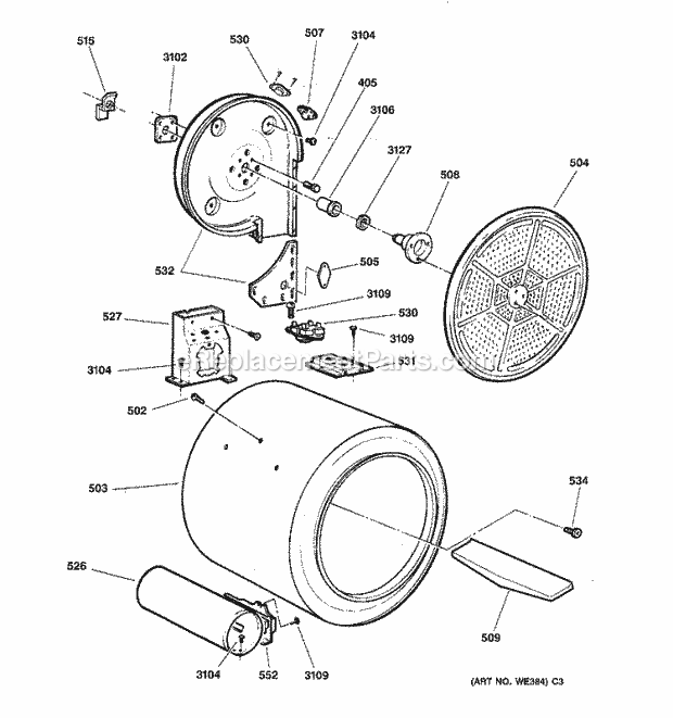 GE BWXR473GT3WW Gas Dryer Drum Diagram