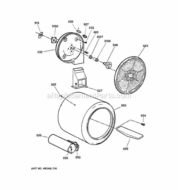 GE DBLR333GE2WW Gas Dryer Drum Diagram